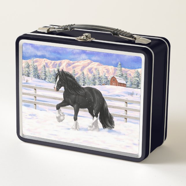 Black Gypsy Vanner Irish Cob Draught Horse In Snow Metal Lunch Box (Front)