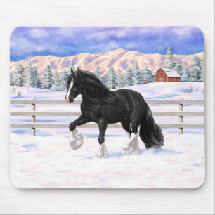 Black Gypsy Vanner Irish Cob Draught Horse In Snow Mouse Mat
