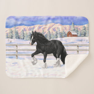 Black Gypsy Vanner Irish Cob Draught Horse In Snow Sherpa Blanket