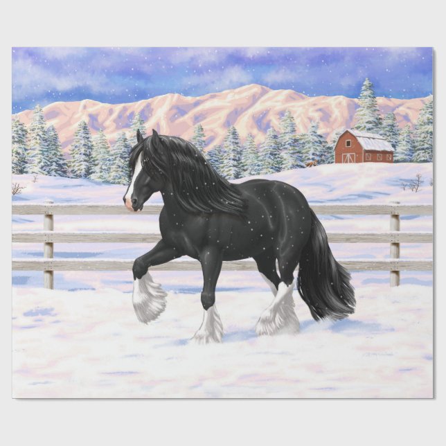 Black Gypsy Vanner Irish Cob Draught Horse In Snow Wrapping Paper (Flat)