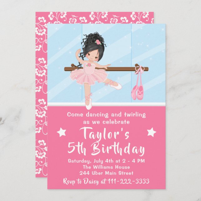 Black Hair Ballerina in Pink Tutu Birthday Invitation (Front/Back)