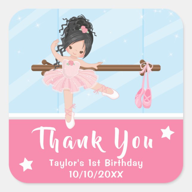 Black Hair Ballerina Pink Birthday Thank You Squar Square Sticker (Front)