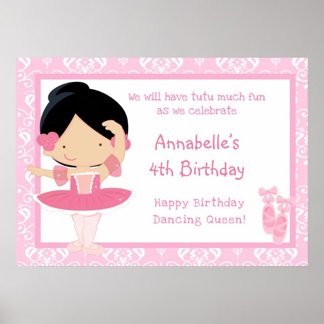 Black Hair Ballerina & Pink Damask Poster (Front)