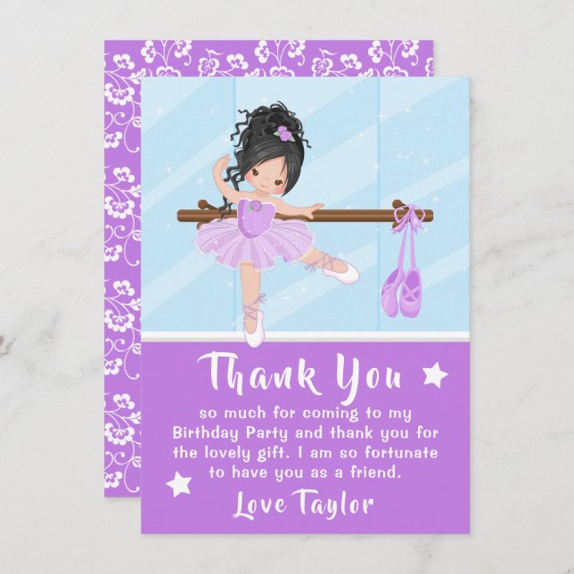Black Hair Ballerina Purple Birthday Thank You Car (Front/Back)