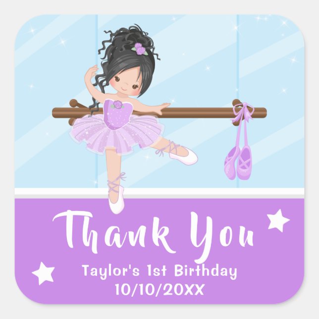 Black Hair Ballerina Purple Birthday Thank You Squ Square Sticker (Front)