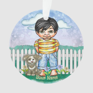 Black Hair Boy and Dog Ornament