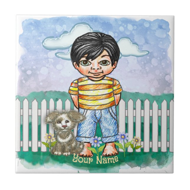 Black Hair Boy and Dog Tile (Front)