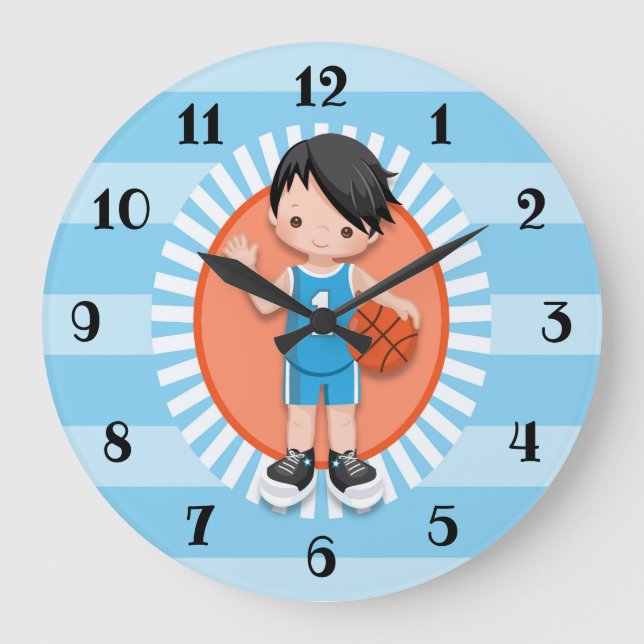 Black Hair Boy Basketball Player Large Clock (Front)