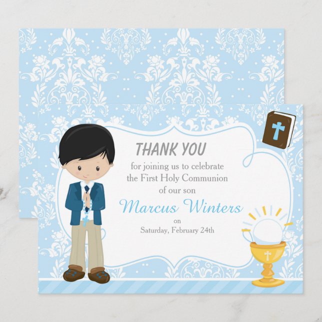 Black Hair Boy First Communion Damask Thank You Card (Front/Back)