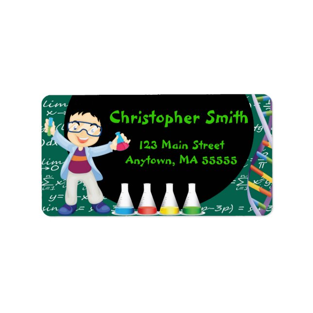 Black Hair Boy Mad Scientist Party Address Labels (Front)