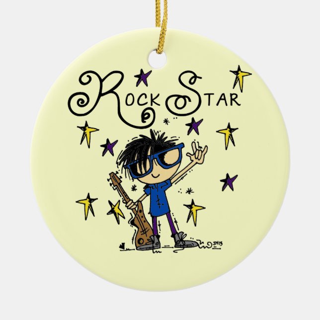 Black Hair Boy Rock Star Ceramic Tree Decoration (Front)