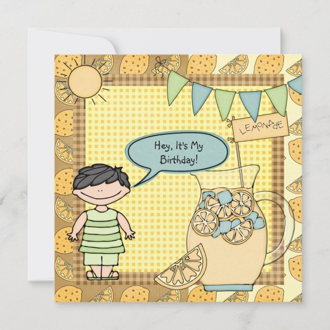 Black Hair Boy Summer Lemonade Birthday Invite (Front)