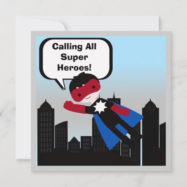 Black Hair Boy Super Hero Birthday Invitation (Front)