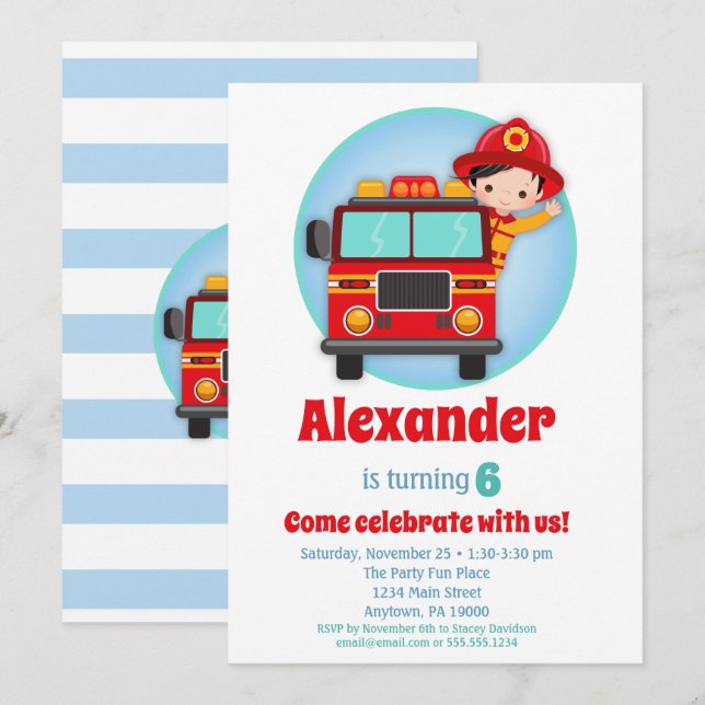 Black Hair Boys Firefighter Birthday Invitation (Front/Back)