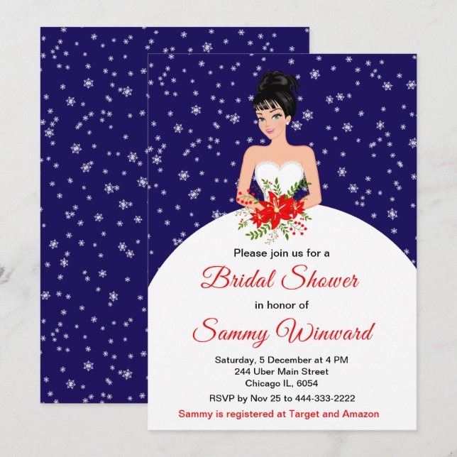 Black Hair Bride Snowflake Navy Bridal Shower Invitation (Front/Back)