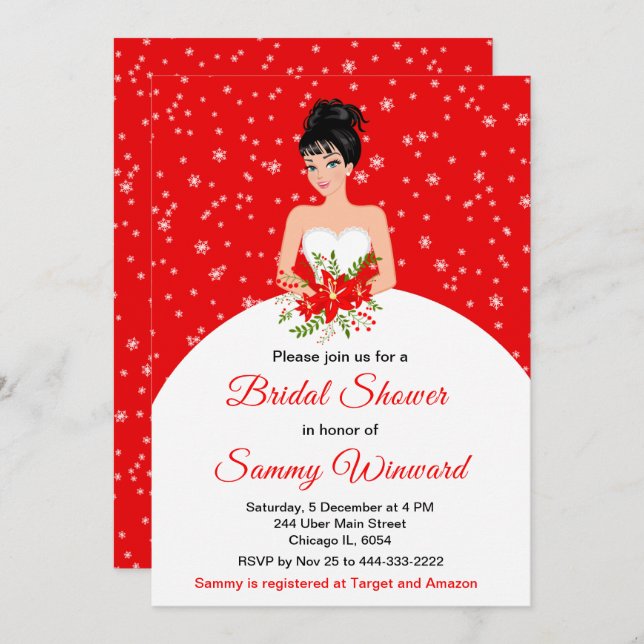 Black Hair Bride Snowflake Red Bridal Shower Invitation (Front/Back)
