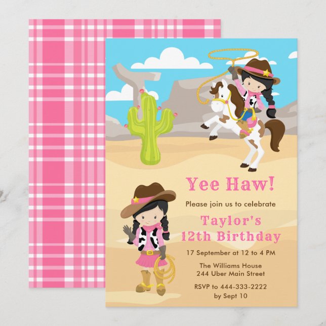 Black Hair Cowgirl Birthday Party Invitation (Front/Back)