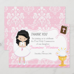 Black Hair Girl First Communion Thank You Card