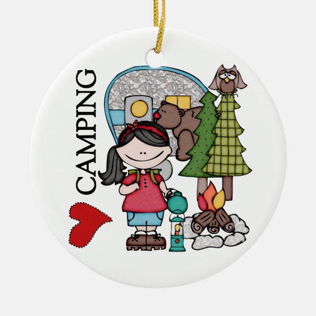 Black Hair Girl I Love Camping Ceramic Tree Decoration (Front)