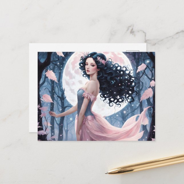 Black Hair Girl & Pink Full Moon Postcard (Front/Back In Situ)