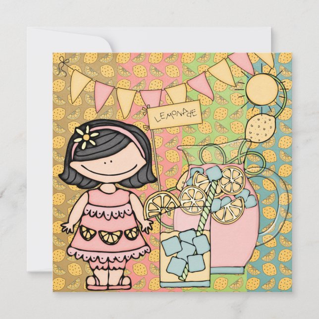 Black Hair Girl Summer Lemonade Birthday Invite (Front)