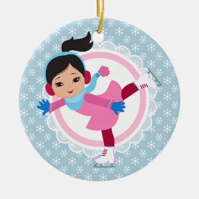 Black Hair Ice Skater - Winter Sports Skating Ceramic Tree Decoration (Front)