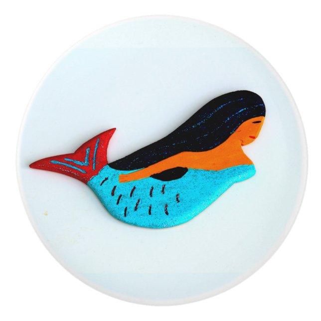 black hair mermaid ceramic knob (Front)