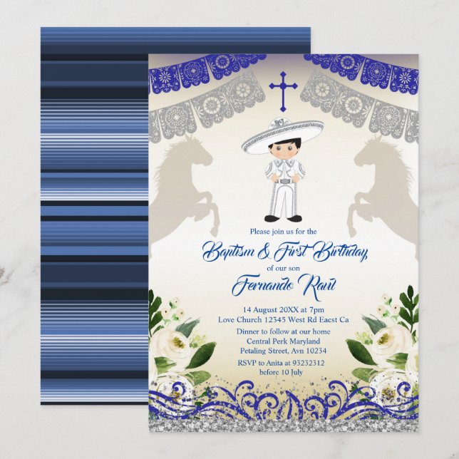 Black Hair Mexican Navy Blue Boy Baptism Birthday Invitation (Front/Back)
