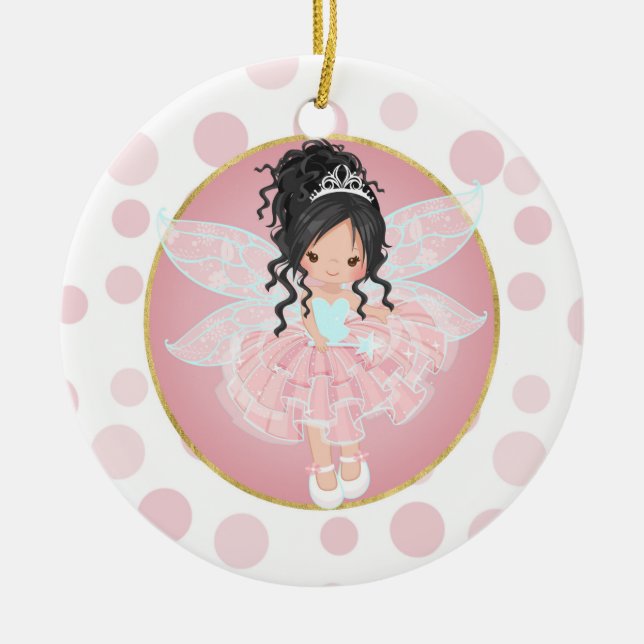 Black Hair Pink Fairy Ceramic Tree Decoration (Front)