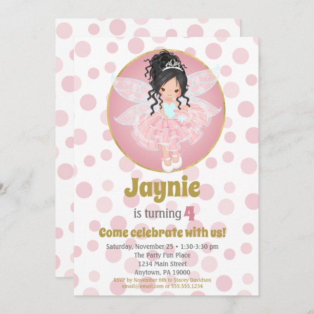 Black Hair Pink Fairy Girls Birthday Invitation (Front/Back)