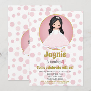 Black Hair Pink Princess Girls Birthday Invitation