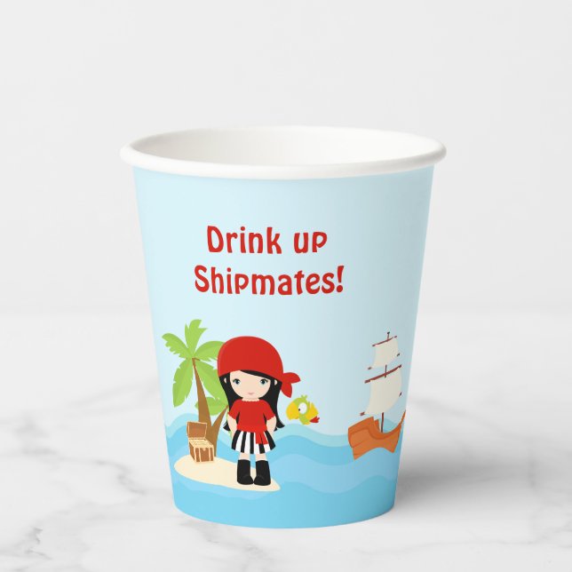 Black Hair Pirate Girl in Red Birthday Party Paper Cups (Front)