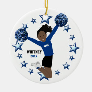 Black Hair Ponytail Pom Poms In Blue & Black Ceramic Tree Decoration