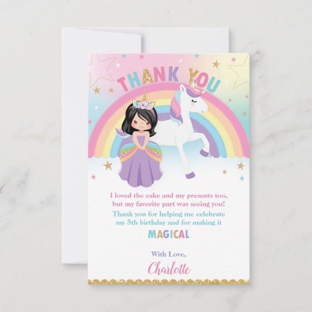 Black Hair Princess and Rainbow Unicorn Birthday Thank You Card (Front)
