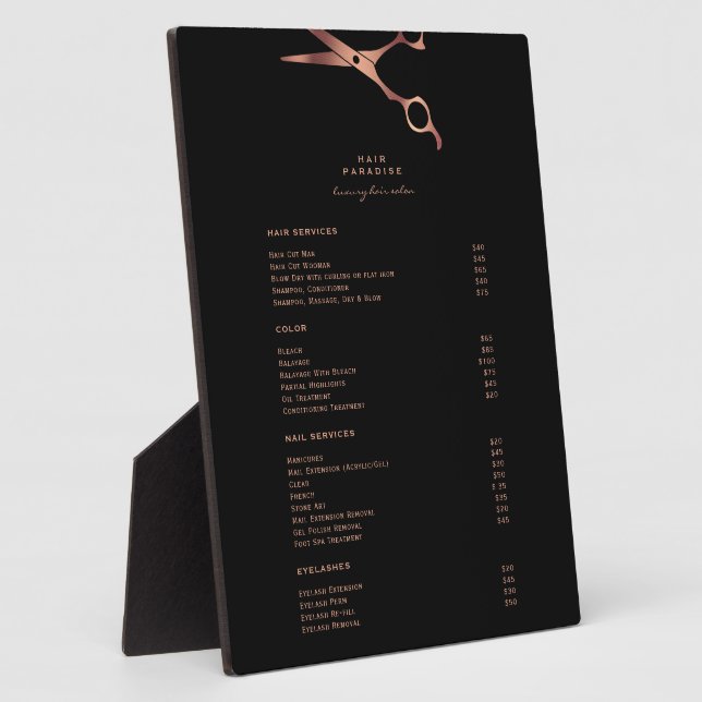 Black Hair Salon Copper Price List Menu Display Plaque (Side)