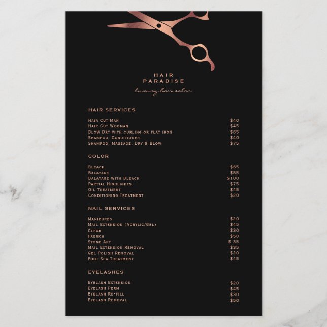 Black Hair Salon Copper Price List Menu Flyer (Front)