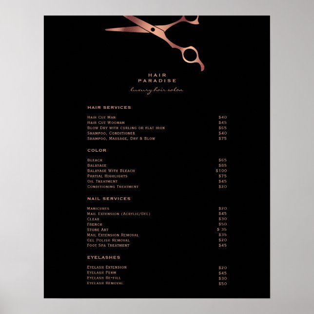 Black Hair Salon Copper Price List Menu Poster (Front)