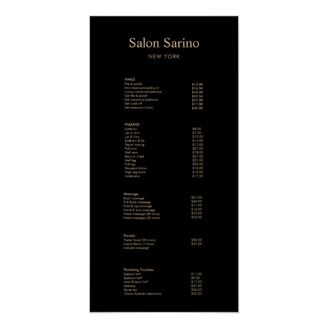 Black  Hair Salon Service Price List Menu Poster (Front)
