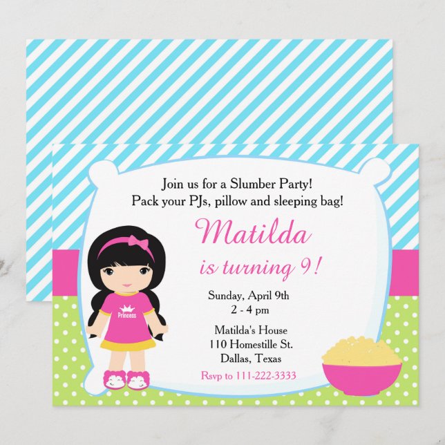 Black Hair Sleepover Slumber Party Birthday Invitation (Front/Back)