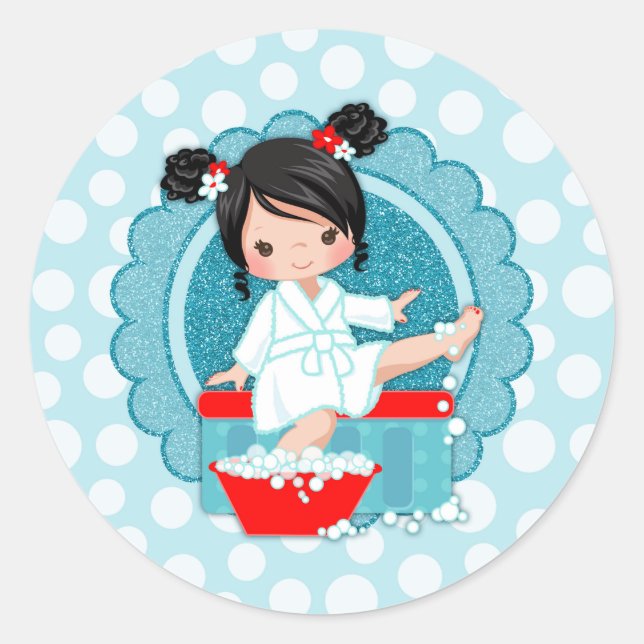 Black Hair Spa Girl Bubbles Turquoise Red White Classic Round Sticker (Front)