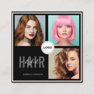 Black Hair Stylist Photo Collage QR Code & Review Square Business Card