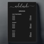 Black Hair Stylist Salon Price List Service Menu Plaque<br><div class="desc">Customise this black hair stylist salon service menu plaque to easily create a price list for your services. Personalise with your salon stylist signature in an elegant white script typography. Place on your table, shelf, or counter. Perfect for hair salons, nail salons, lash extension and makeup artist services, beauty bars,...</div>