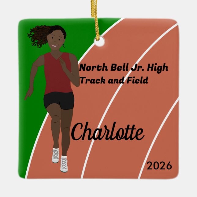 Black Hair Track and Field Girl in Maroon Black Ceramic Ornament (Front)