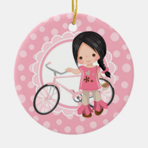 Black Haired Bicycle Girl - Pink White Ceramic Tree Decoration
