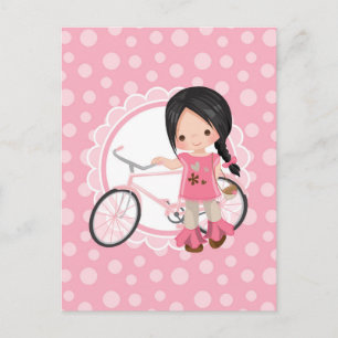 Black Haired Bicycle Girl - Pink White Postcard