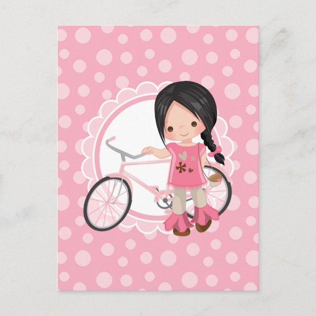 Black Haired Bicycle Girl - Pink White Postcard (Front)