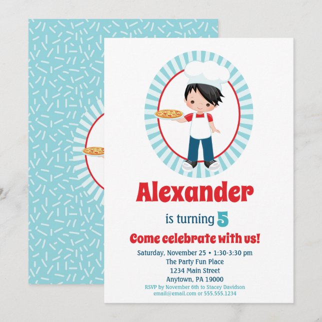 Black Haired Boy Pizza Party Birthday Invitation (Front/Back)