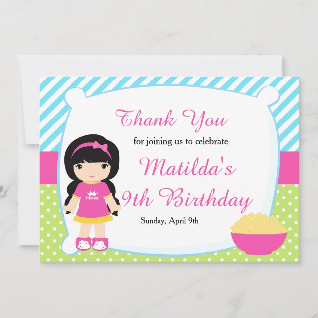 Black Haired Girl Sleepover Slumber Party Birthday Thank You Card (Front)