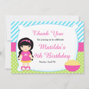 Black Haired Girl Sleepover Slumber Party Birthday Thank You Card