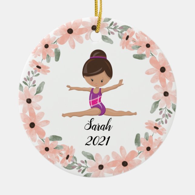 Black Haired Gymnast Girl Gymnastics Christmas Cer Ceramic Tree Decoration (Front)